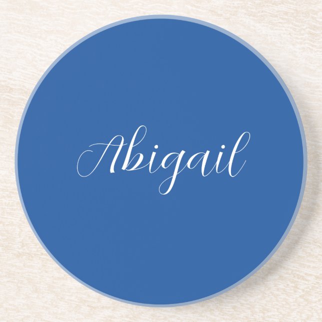 Calligraphy Elegant Blue White Plain Simple Name Coaster (Front)