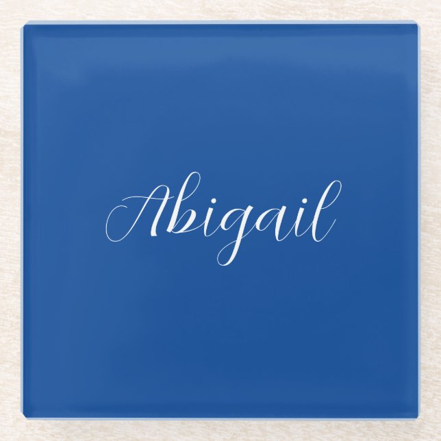 Calligraphy Elegant Blue White Plain Simple Name Glass Coaster (Front)