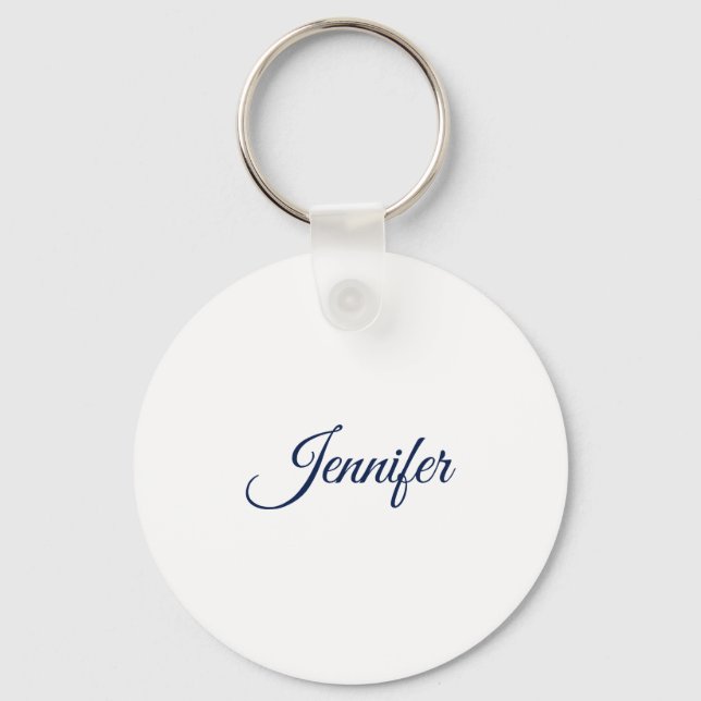 Calligraphy Elegant Blue White Plain Simple Name Keychain (Front)