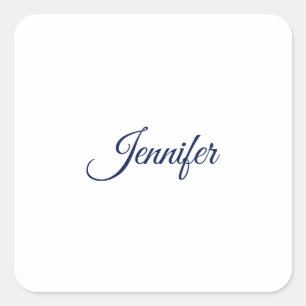 Calligraphy Elegant Blue White Plain Simple Name Square Sticker