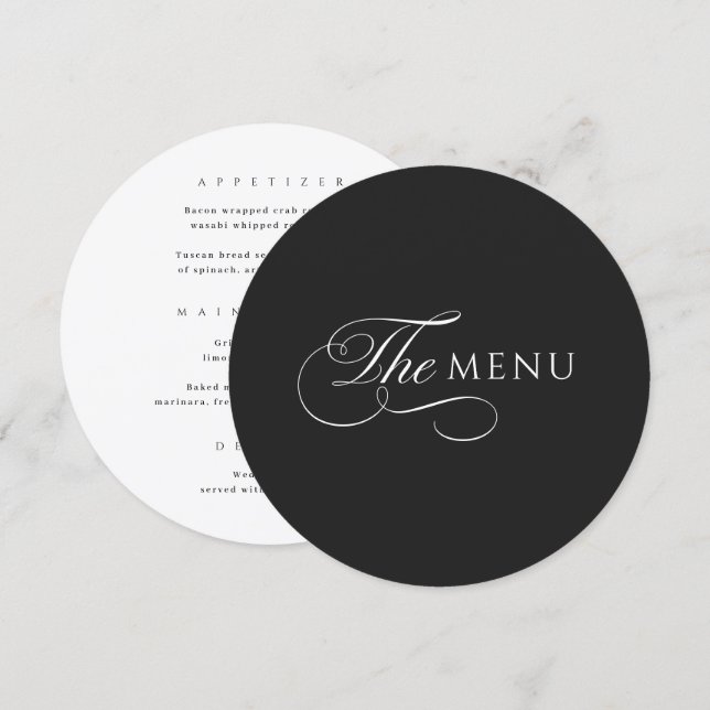 Calligraphy Elegant Circle Black Wedding Menu (Front/Back)