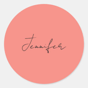 Calligraphy Elegant Coral Pink Plain Simple Name Classic Round Sticker