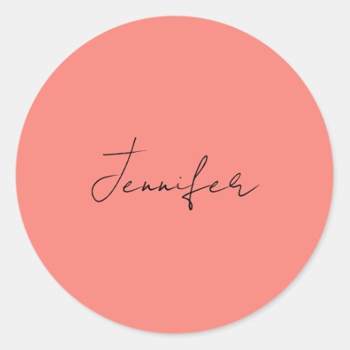 Calligraphy Elegant Coral Pink Plain Simple Name Classic Round Sticker