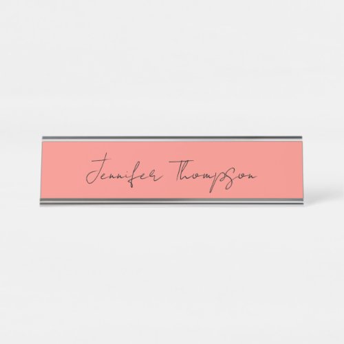 Calligraphy Elegant Coral Pink Plain Simple Name Desk Name Plate