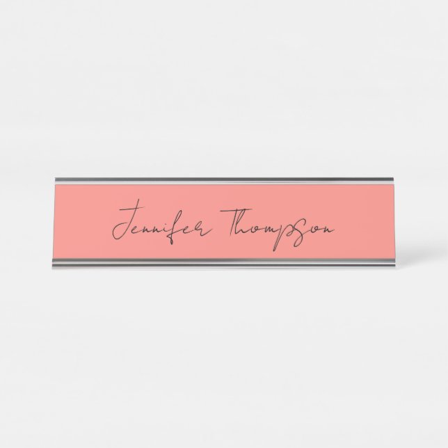 Calligraphy Elegant Coral Pink Plain Simple Name Desk Name Plate (Front)