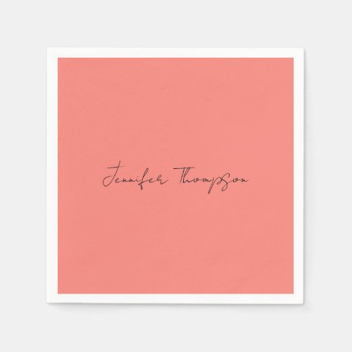 Calligraphy Elegant Coral Pink Plain Simple Name Napkins