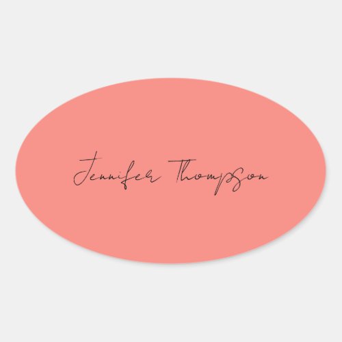 Calligraphy Elegant Coral Pink Plain Simple Name Oval Sticker
