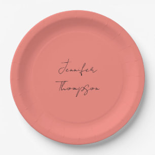 Calligraphy Elegant Coral Pink Plain Simple Name Paper Plates