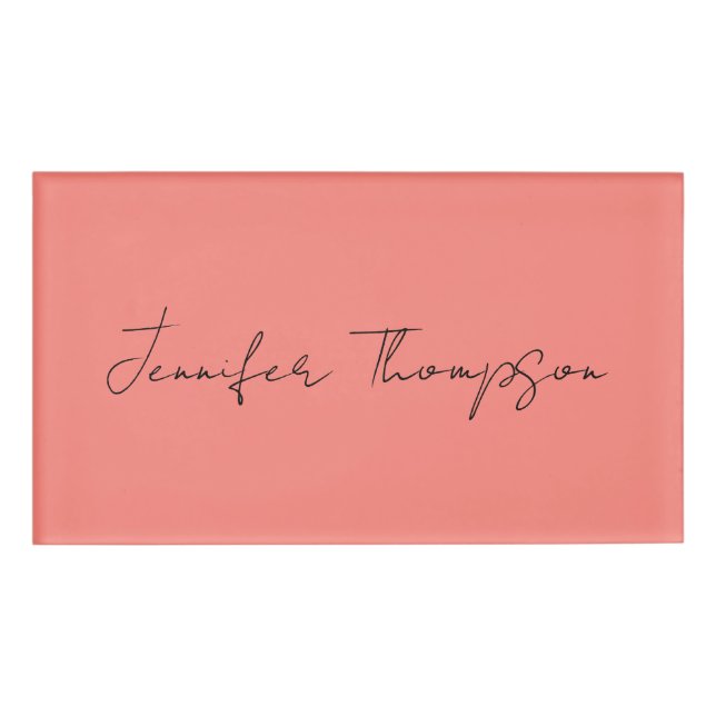 Calligraphy Elegant Coral Pink Plain Simple Name Tag (Front)