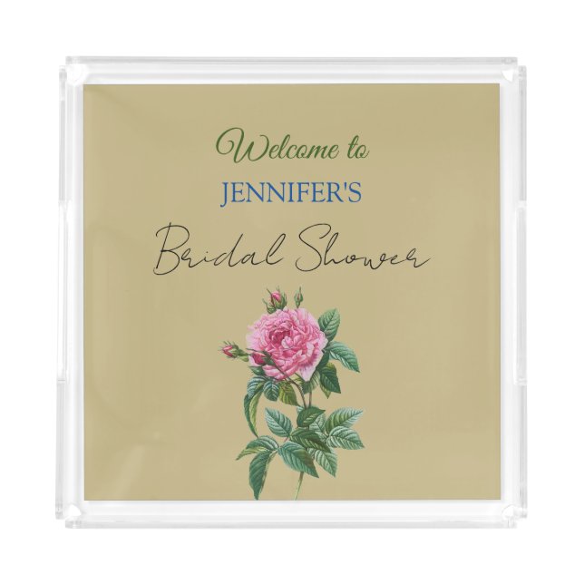 Calligraphy Elegant Floral Welcome Bridal Shower Acrylic Tray (Front)