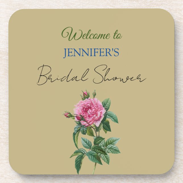 Calligraphy Elegant Floral Welcome Bridal Shower Beverage Coaster (Front)