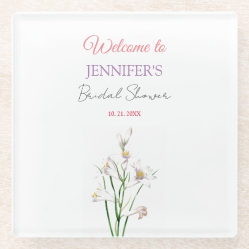 Calligraphy Elegant Floral Welcome Bridal Shower Glass Coaster