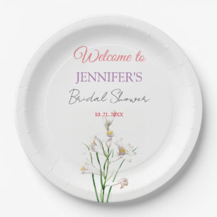 Calligraphy Elegant Floral Welcome Bridal Shower Paper Plates