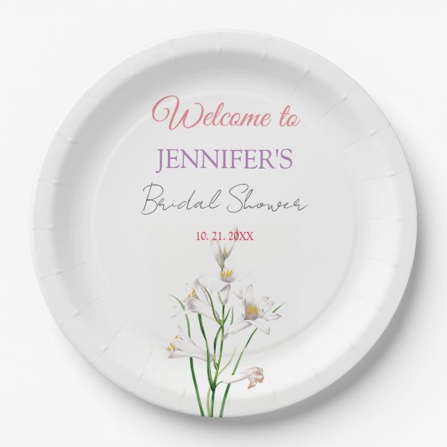 Calligraphy Elegant Floral Welcome Bridal Shower Paper Plates (Front)