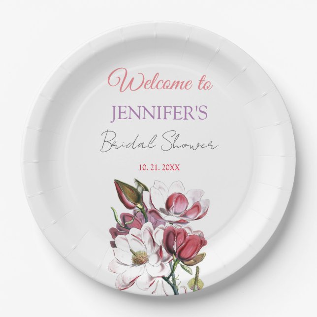 Calligraphy Elegant Floral Welcome Bridal Shower Paper Plates (Front)