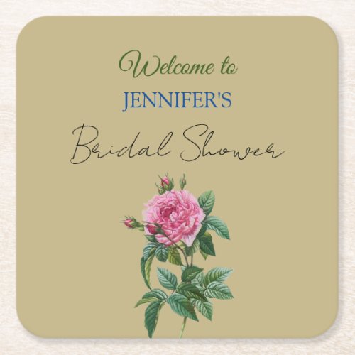 Calligraphy Elegant Floral Welcome Bridal Shower Square Paper Coaster