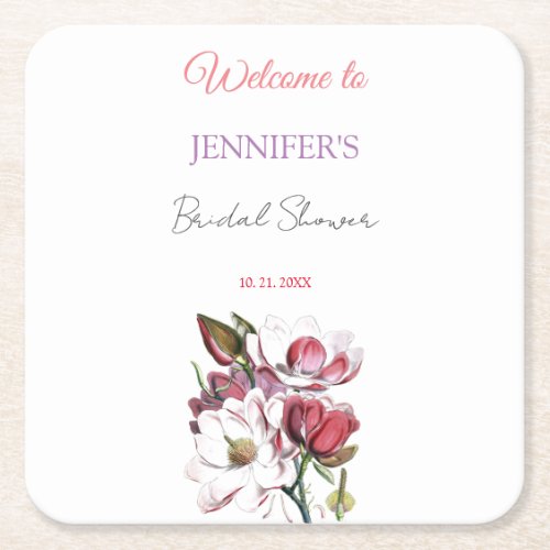 Calligraphy Elegant Floral Welcome Bridal Shower Square Paper Coaster