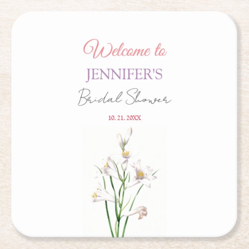 Calligraphy Elegant Floral Welcome Bridal Shower Square Paper Coaster