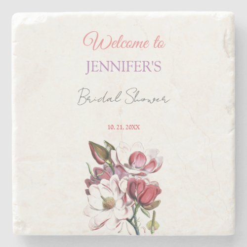 Calligraphy Elegant Floral Welcome Bridal Shower Stone Coaster