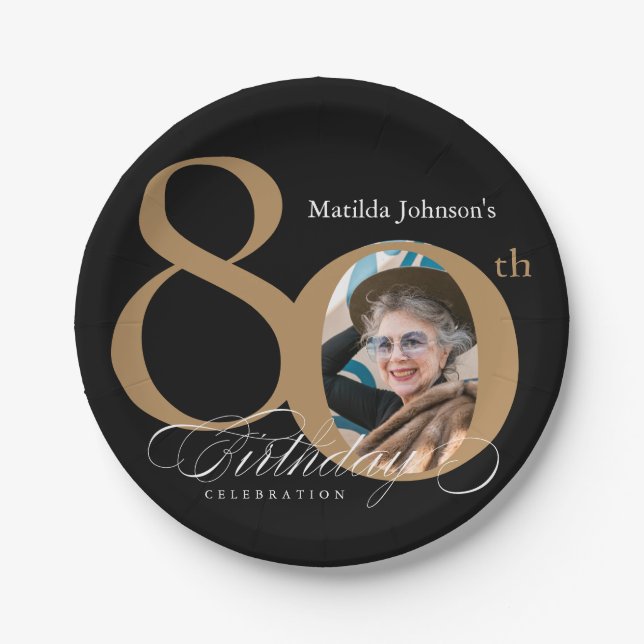 Calligraphy Elegant Gold Black Photo 80th Birthday Paper Plates (Front)