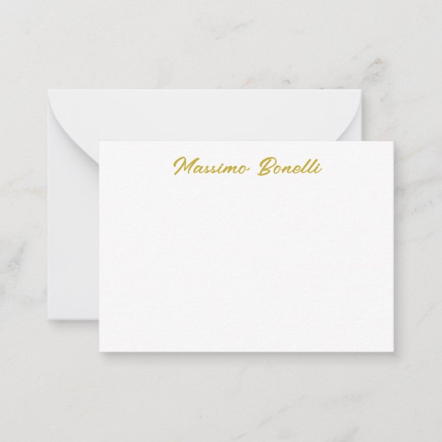 Calligraphy Elegant Gold White Plain Simple Name Note Card (Front)