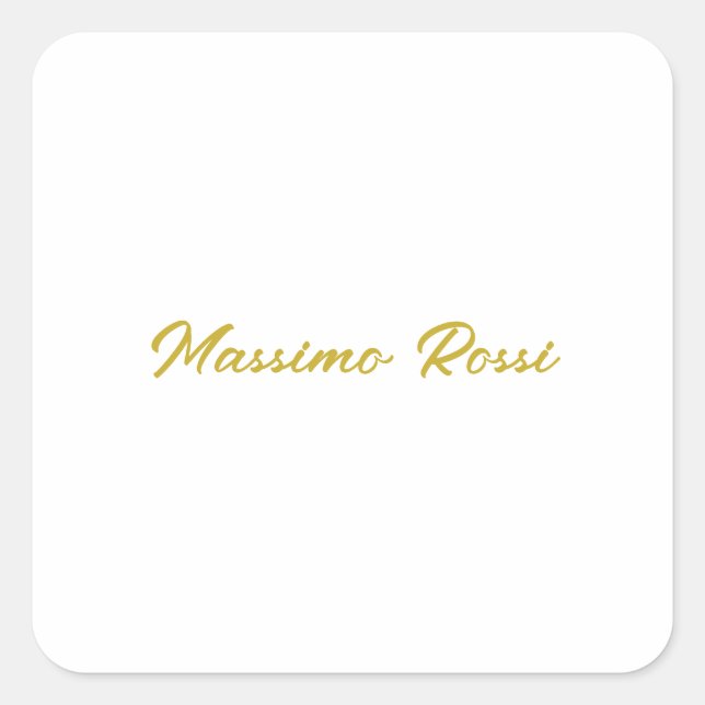 Calligraphy Elegant Gold White Plain Simple Name Square Sticker (Front)
