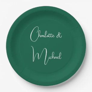Calligraphy Elegant Green Plain Simple Names Paper Plates