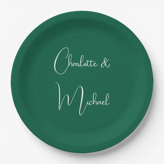 Calligraphy Elegant Green Plain Simple Names Paper Plates (Front)
