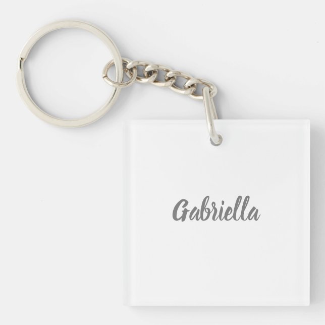 Calligraphy Elegant Grey White Plain Simple Name Keychain (Front)