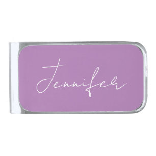Calligraphy Elegant Lavender Plain Simple Name Silver Finish Money Clip