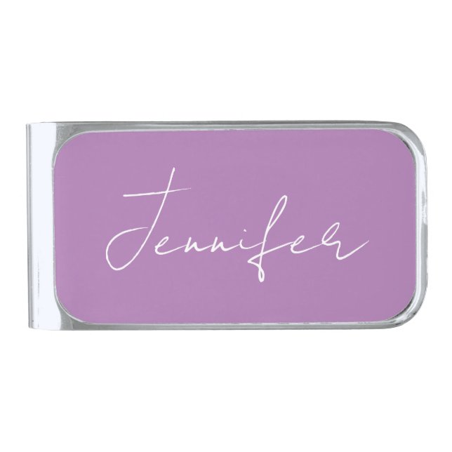 Calligraphy Elegant Lavender Plain Simple Name Silver Finish Money Clip (Front)