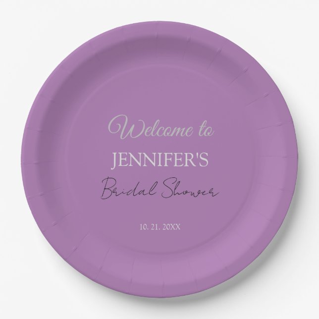 Calligraphy Elegant Lavender Welcome Bridal Shower Paper Plates (Front)