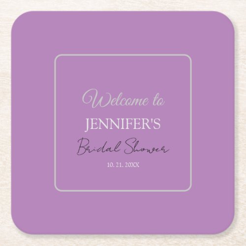 Calligraphy Elegant Lavender Welcome Bridal Shower Square Paper Coaster