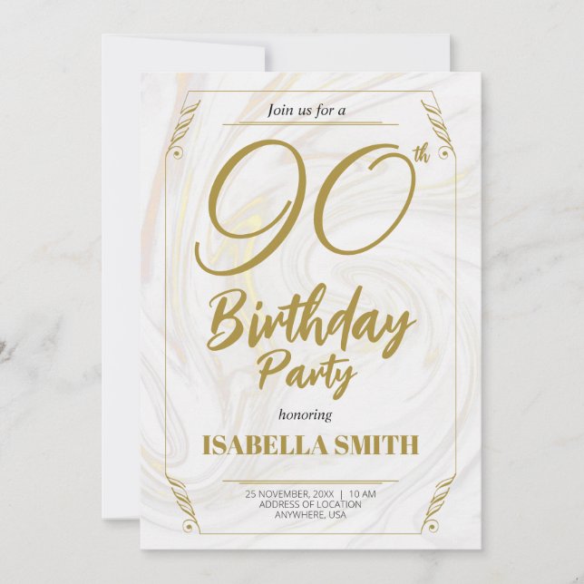 Calligraphy Elegant Modern Gold 90th Birthday Invitation (Front)