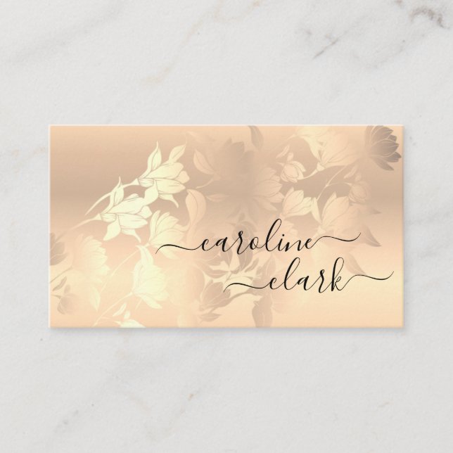 Calligraphy Elegant Modern Rose Gold Black Flowers Business Card (Front)