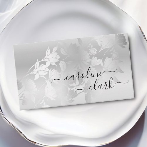 Calligraphy Elegant Modern Silver Gray Flowers Business Card