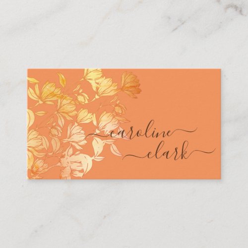 Calligraphy Elegant Peach Coral Floral Golden Gold Business Card