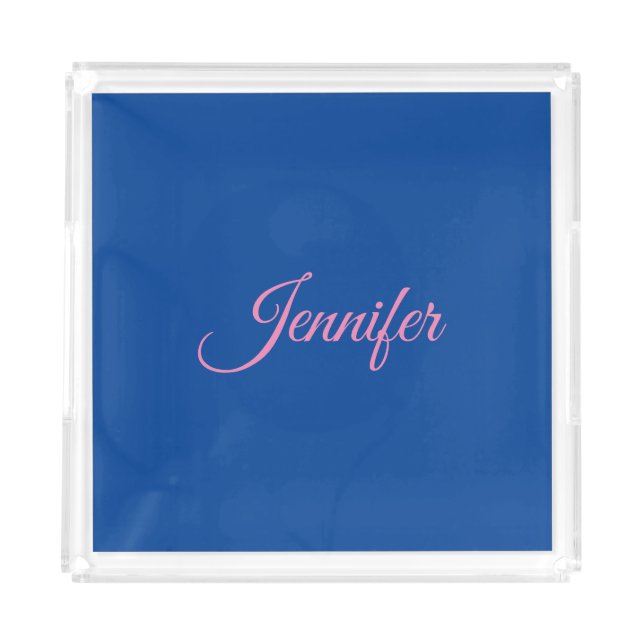 Calligraphy Elegant Pink Blue Custom Name Acrylic Tray (Front)