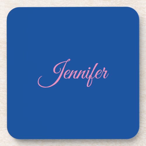 Calligraphy Elegant Pink Blue Custom Name Beverage Coaster