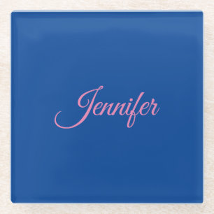 Calligraphy Elegant Pink Blue Custom Name Glass Coaster