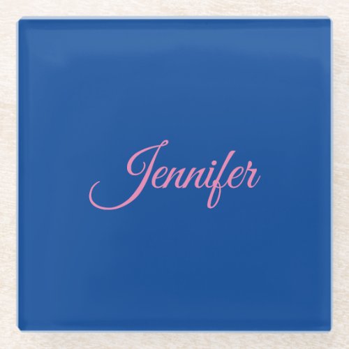 Calligraphy Elegant Pink Blue Custom Name Glass Coaster