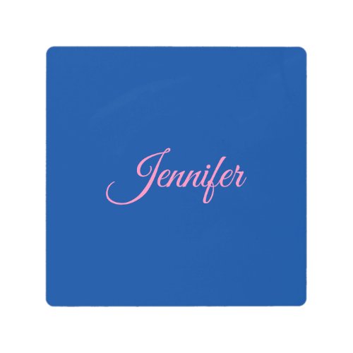 Calligraphy Elegant Pink Blue Custom Name Metal Print