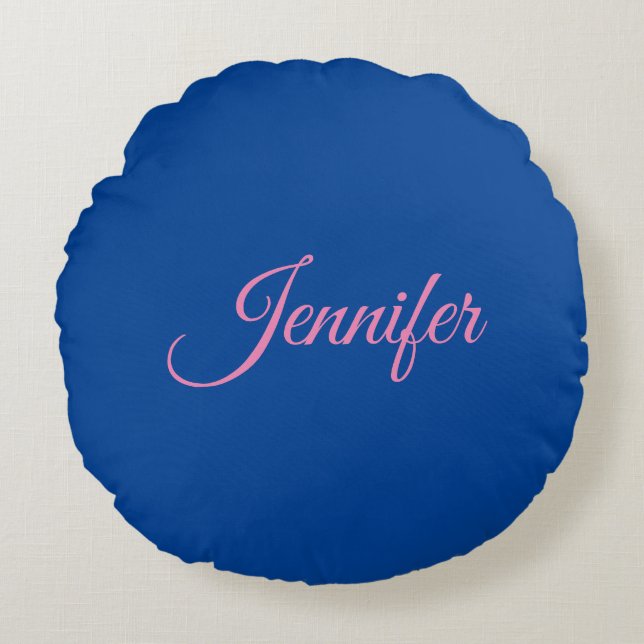 Calligraphy Elegant Pink Blue Custom Name Round Pillow (Front)