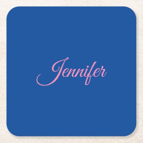 Calligraphy Elegant Pink Blue Custom Name Square Paper Coaster