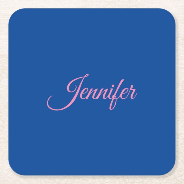 Calligraphy Elegant Pink Blue Custom Name Square Paper Coaster (Front)