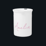Calligraphy Elegant Pink White Custom Name Beverage Pitcher<br><div class="desc">Looking for a beautiful calligraphy with an esthetic handwriting? This simple,  eye-catching design is for you. The fine and tasteful design will immediately reflect the quality of your relationship and family.</div>