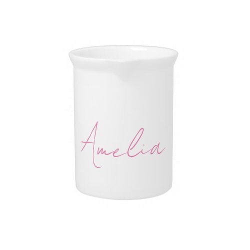 Calligraphy Elegant Pink White Custom Name Beverage Pitcher