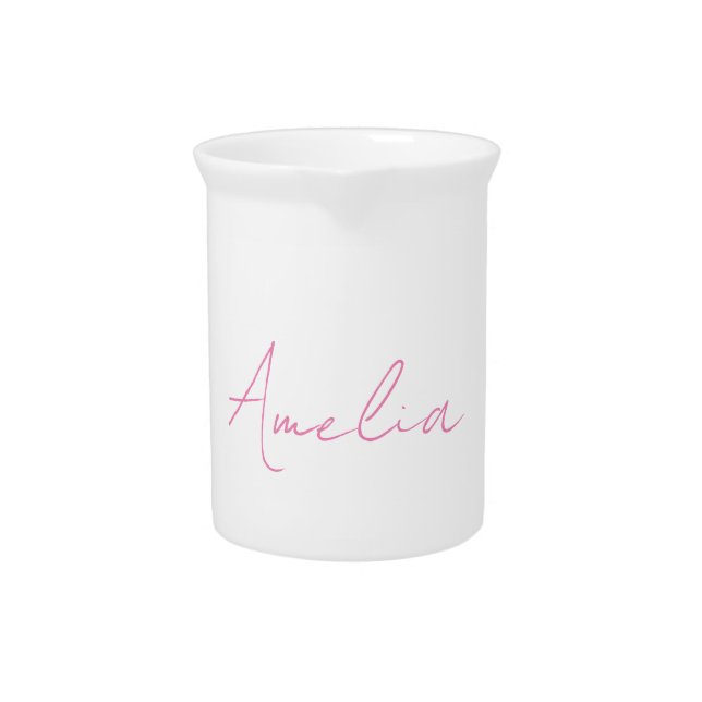 Calligraphy Elegant Pink White Custom Name Beverage Pitcher (Front)