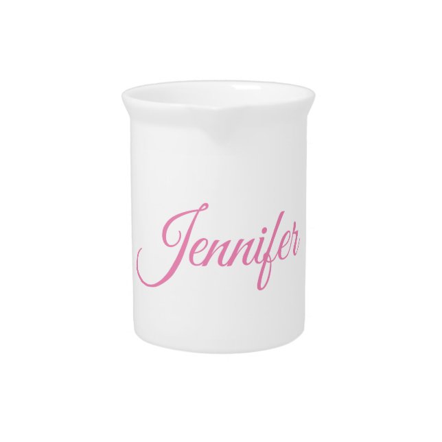 Calligraphy Elegant Pink White Custom Name Beverage Pitcher (Front)