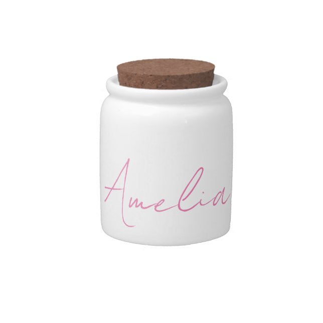 Calligraphy Elegant Pink White Custom Name Candy Jar (Front)
